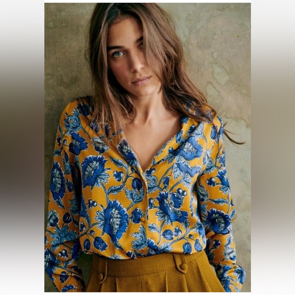 Sezane x Inoui Editions Chemise Florence Button Down Shirt 34 Small 2 Gold Blue